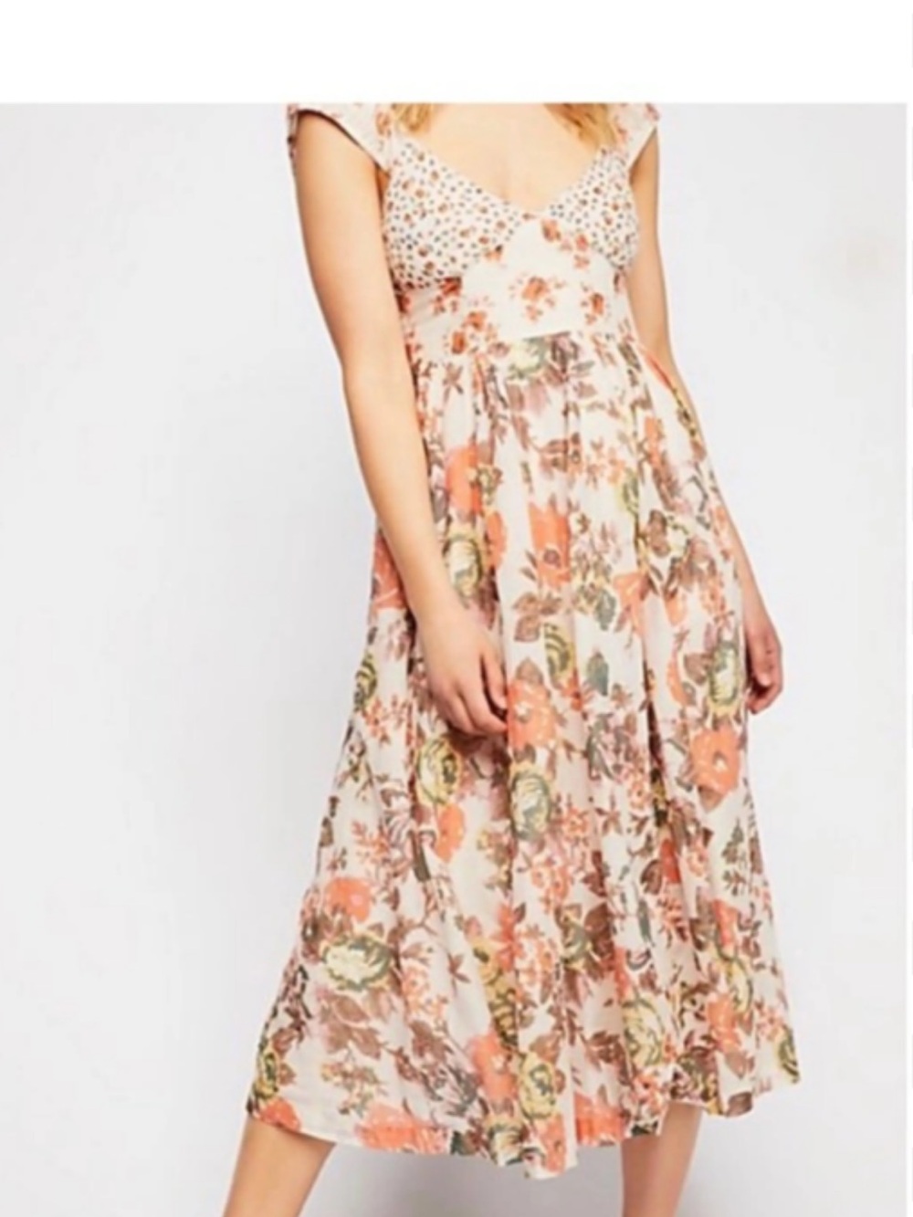 Free People Floral Maxi Dress in Cream, Coral, Green